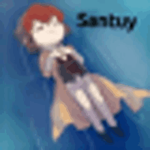 a blurry picture of a girl with red hair floating in the air with the name santy written on the bottom .