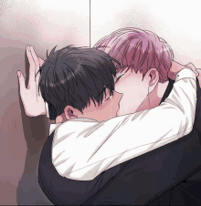 a man with pink hair is kissing another man