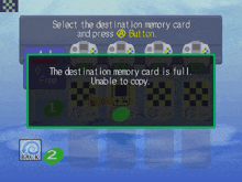 a video game screen shows that the destination memory card is full and unable to copy