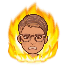 a cartoon of a woman with glasses and a fire behind her