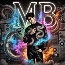 a man with a snake in front of the letter mb