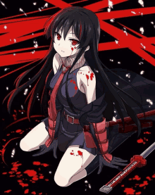 a girl with blood on her arm is kneeling down with a sword in her hand