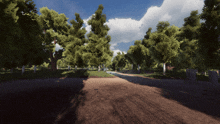 a dirt road with trees on both sides and a blue sky in the background