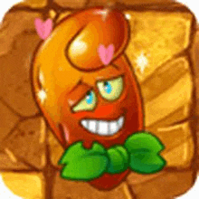 a cartoon vegetable with a bow tie and hearts on its head is standing in front of a stone wall .