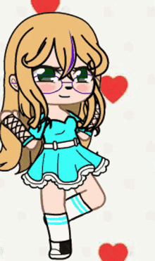 a drawing of a girl wearing glasses and a blue dress with hearts in the background