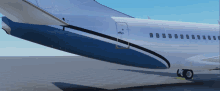 a blue and white airplane with a door that says passenger on it