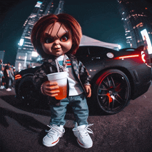 a chucky doll is holding a cup of beer in front of a black car