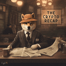 a dog wearing a suit and tie is reading a newspaper with the words the crypto recap behind him