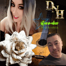 a man and a woman are standing next to a guitar and the word starmaker is on the bottom right