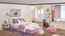 a bedroom with a pink bed and a picture of a rose on the wall