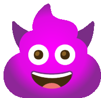 a purple poop with horns and a smile on it