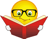 a yellow smiley face wearing glasses is reading a red book