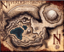 a map of neverlight grove shows a square of 10 feet in size