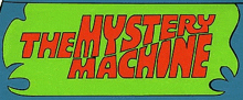 the mystery machine logo is green and red on a blue and green background .