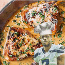 a football player wearing a chef 's hat is standing next to a pan of food