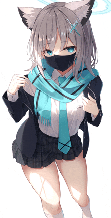 a girl with a scarf around her neck has a mask on