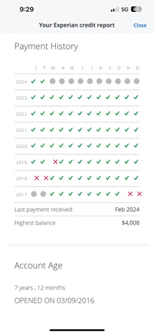 a screenshot of the experian credit report on a cell phone