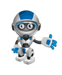 a robot with a blue helmet and blue gloves is waving