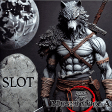 a statue of a werewolf holding a sword next to a stone with slot museumbola written on it