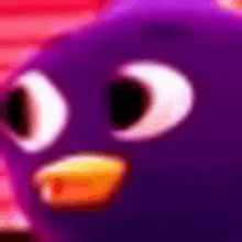 a close up of a purple cartoon character with a yellow beak and eyes .