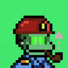 a pixel art of a man with a red hat and green eyes