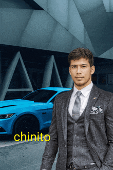 a man in a suit and tie is standing in front of a blue car and the word chinito is on the bottom