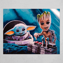 a painting of the child and groot playing a game