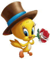 a tweety bird wearing a top hat holds a rose in its beak