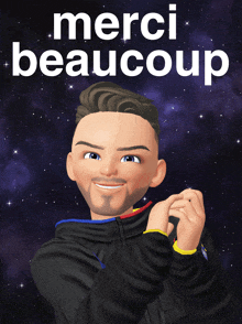 a cartoon character with the words merci beaucoup on the top