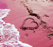 a heart is drawn in the sand on a beach next to the ocean .