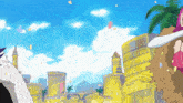 a cartoon drawing of a city with a clock tower and palm trees