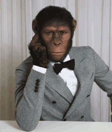 a chimpanzee wearing a suit and bow tie sitting at a table