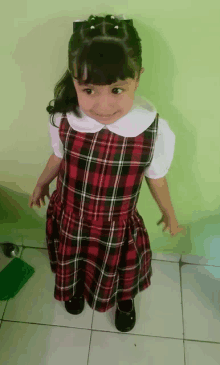 a little girl wearing a plaid dress and a white shirt