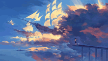 a painting of a ship in the sky