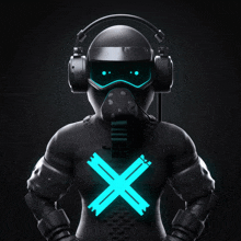 a person wearing headphones and a gas mask has a blue x on the chest