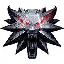 a witcher symbol with red eyes and horns .