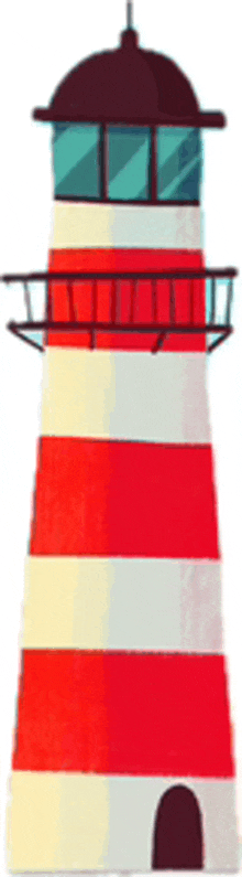 a red and white striped lighthouse with a balcony on top .