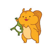 a cartoon squirrel is holding a green frog in its paws