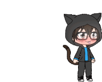 a boy with glasses and a cat tail is wearing a black hoodie with cat ears