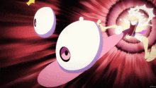 a cartoon character is kicking a pink object with a large eye