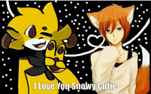 a drawing of a fox and a cat with the words " i love you snowy cutie " on the bottom