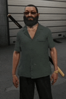 a man with a beard and sunglasses is wearing a green shirt and black pants and holding a gun .