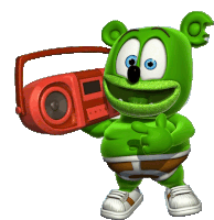 a green gummy bear is holding a red radio