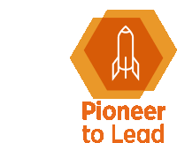 a logo that says pioneer to lead with a rocket