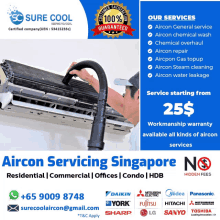 an advertisement for aircon servicing singapore shows a man vacuuming an air conditioner