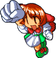 a pixel art drawing of a girl with red hair and white gloves