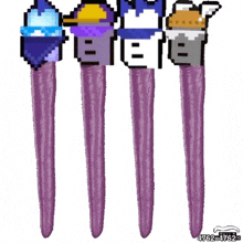 a drawing of four purple pens with a pixel art design on them