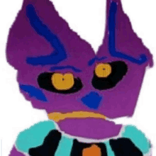 a purple cat with yellow eyes and blue ears is wearing a blue shirt .