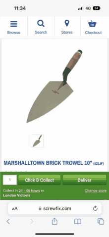 a phone screen shows a picture of a brick trowel with a leather handle