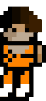 a pixel art of a man wearing a hat and orange and black pants